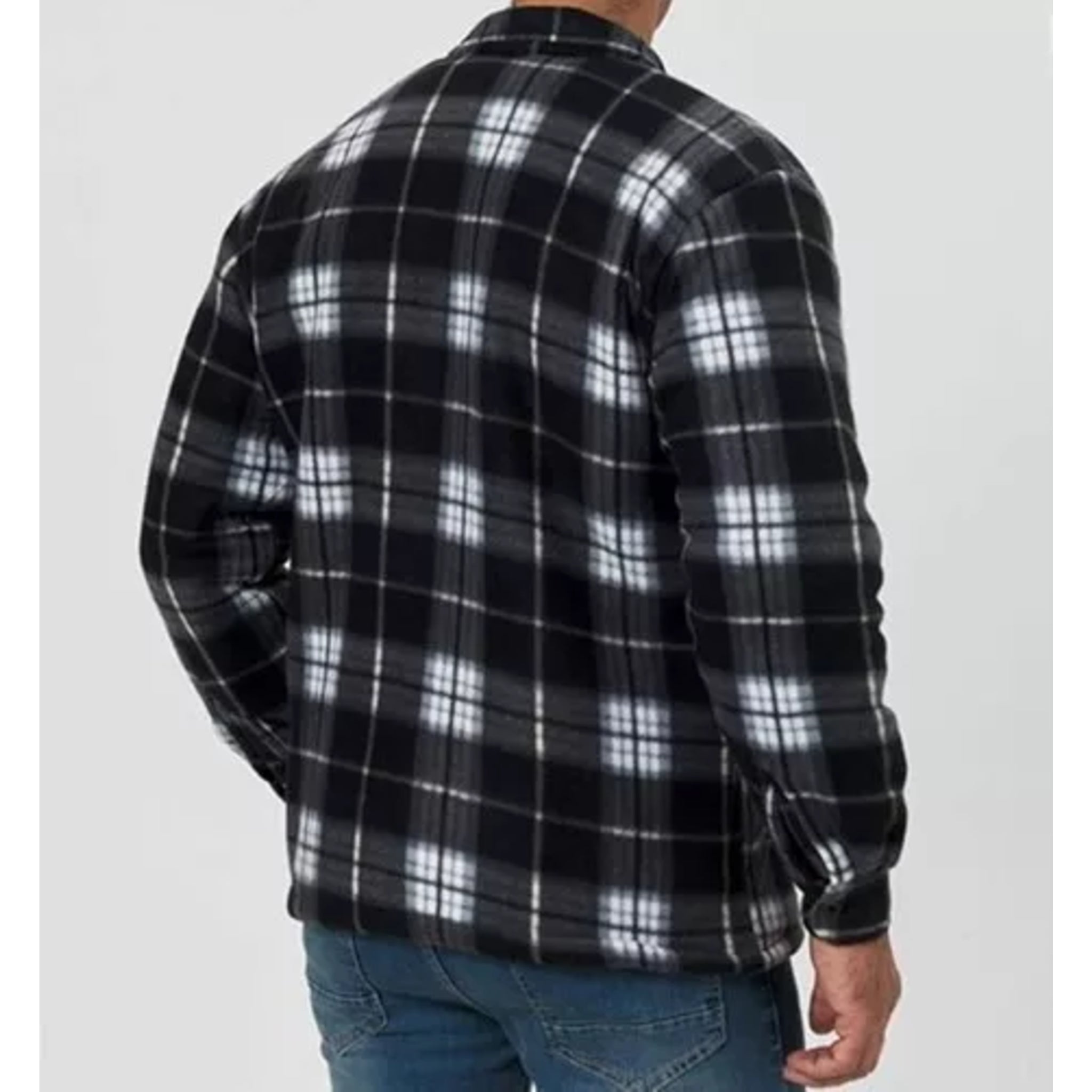 Men's zipped check fleece shirt in black and white plaid pattern, warm long sleeve overshirt with chest pockets